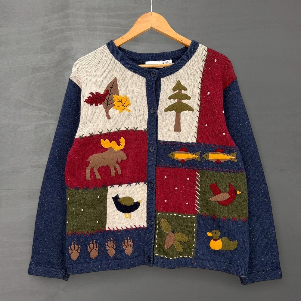 Vintage Nature Croft & Barrow Cardigan Multicolor Patchwork Moose Cardinal Large